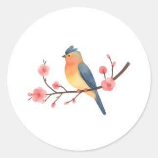 Watercolor Songbird on Pink Cherry Blossom Branch Classic Round Sticker