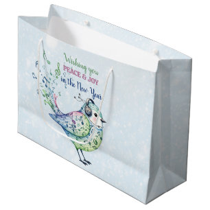 Watercolor Songbird Sending Christmas Wishes Large Gift Bag