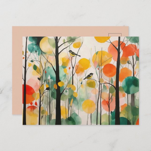 Watercolor Songbirds In Spring Forest Postcard (Front/Back)