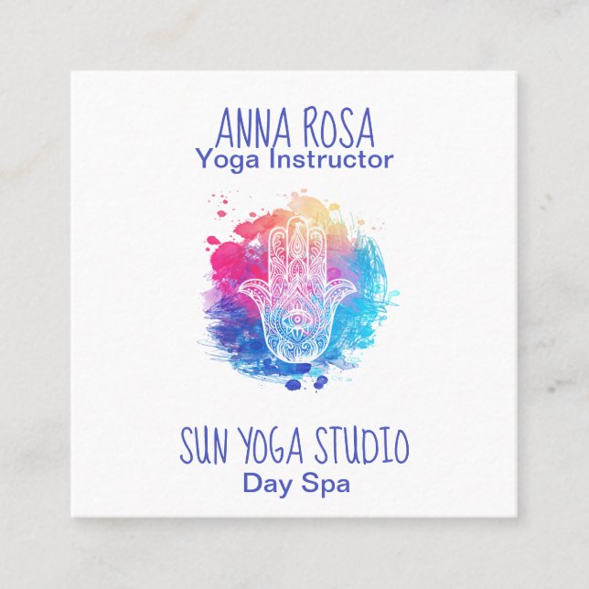 *~* Watercolor Spa Hamsa Hand Yoga Square Business Card (Front)