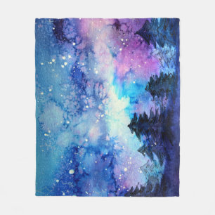 Watercolor Space Art: Night Sky Trees Fleece Blanket