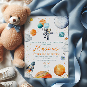 Watercolor Space Astronaut 1st Birthday Invitation