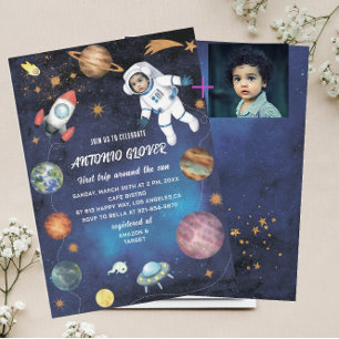 Watercolor Space Birthday Photo invitation baby S
