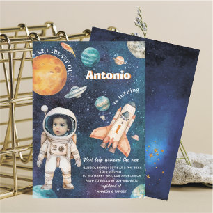 Watercolor Space Birthday Photo invitation  baby S