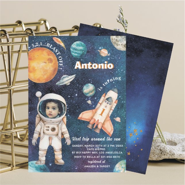 Watercolor Space Birthday Photo invitation  baby S (Creator Uploaded)