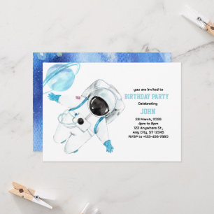 Watercolor Space Galaxy Astronaut Birthday Invitation