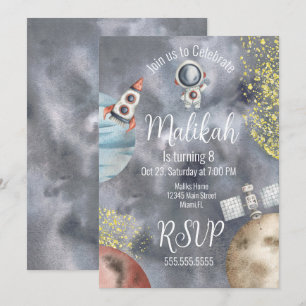 Watercolor Space Galaxy Astronaut Birthday Party  Invitation