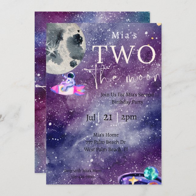 Watercolor Space Galaxy Two the Moon Birthday  Invitation (Front/Back)