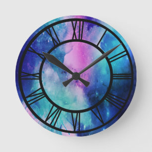Watercolor Space Pink Blue Universe Star Nebula Round Clock