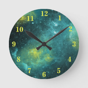 Watercolor Space Universe Star Nebula Yellow Round Clock