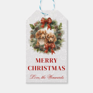 Watercolor Spaniel Puppies and Wreath Christmas Gift Tags