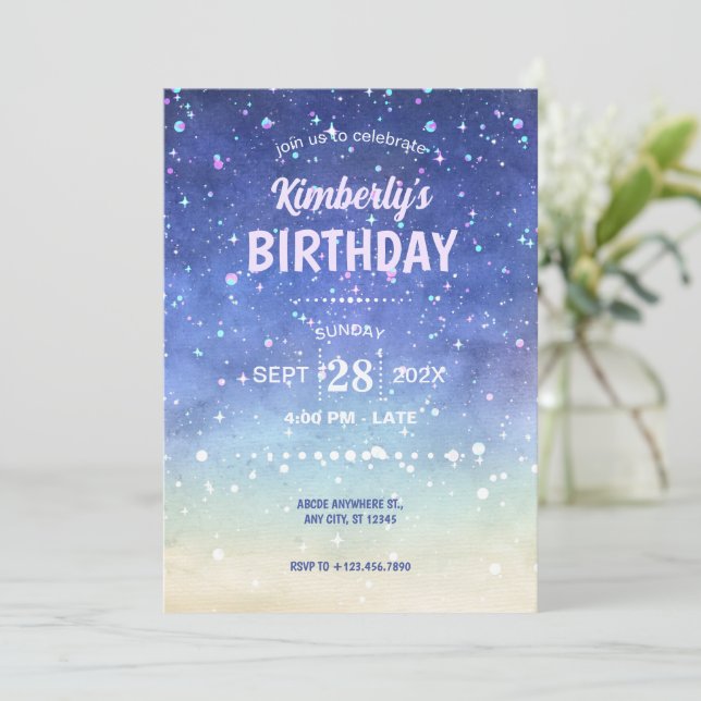 Watercolor sparkles birthday invitation (Standing Front)