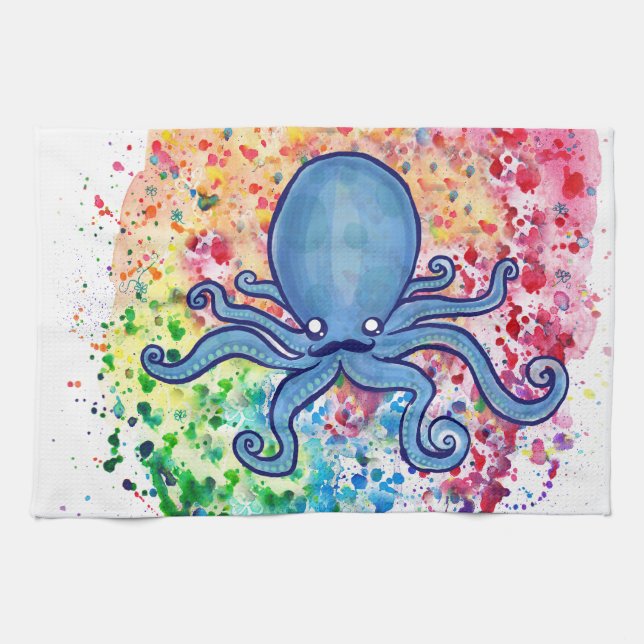 Watercolor Spatter Moustache Octopus Tea Towel (Horizontal)