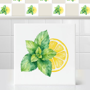 Watercolor Spearmint Leaves Lemon Wheel Slice Art Ceramic Tile