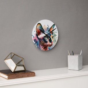 Watercolor Sphynx Cat Artistic Portrait Round Clock