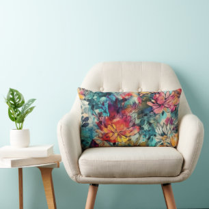 Watercolor Splash and Ink Floral Lumbar Cushion