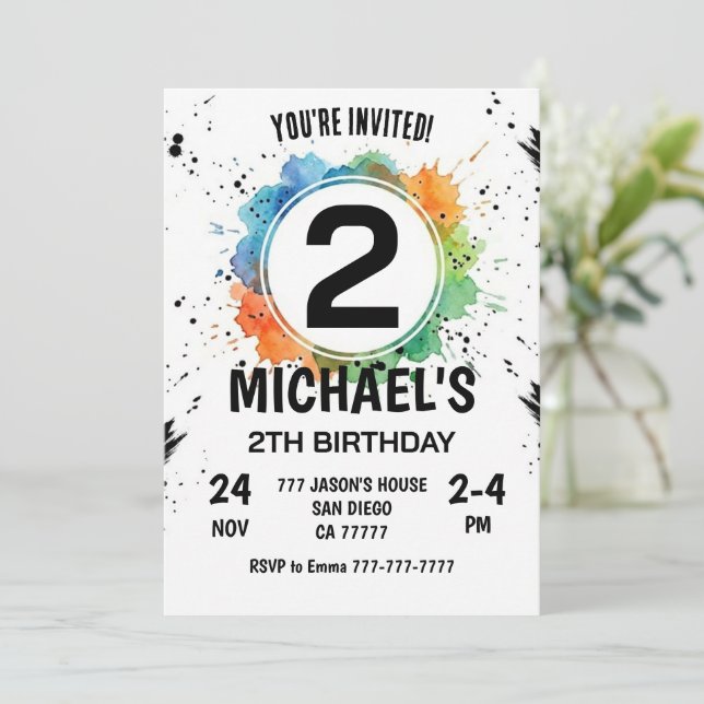 Watercolor Splash Boy 2th Birthday Invitation (Standing Front)