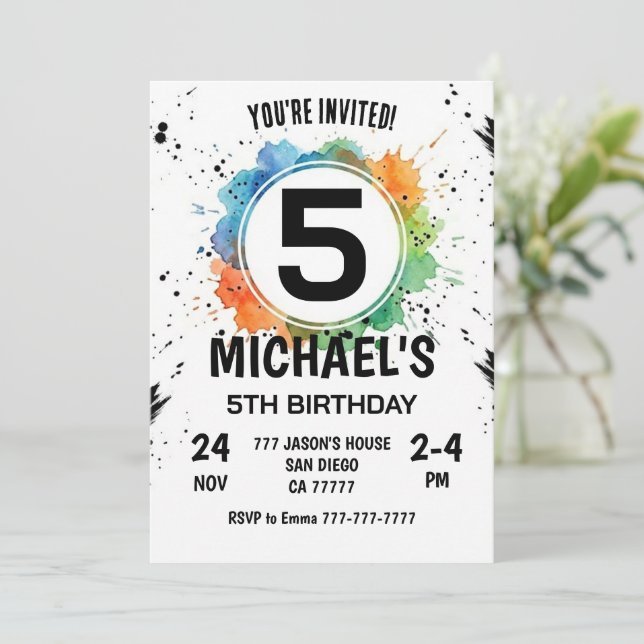 Watercolor Splash Boy 5th Birthday Invitation (Standing Front)