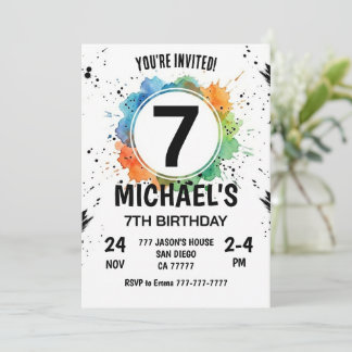 Watercolor Splash Boy 7th Birthday Invitation