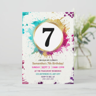 Watercolor Splash Boy 7th Birthday Party Invitation