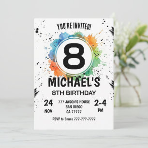 Watercolor Splash Boy 8th Birthday Invitation