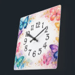 Watercolor Splash Butterfly and Glitter Girl’s Square Wall Clock<br><div class="desc">Create a stunning and elegant invitation with this watercolor butterfly glitter frame design. Featuring vibrant pastel butterflies in shades of blue, purple, pink, teal, and golden orange, accented with sparkling glitter splashes, this artwork surrounds a beautifully blank centre space perfect for adding your own custom text. Ideal for birthdays, baby...</div>