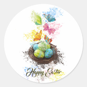 Watercolor Splash Easter Eggs Nest & Butterflies Classic Round Sticker