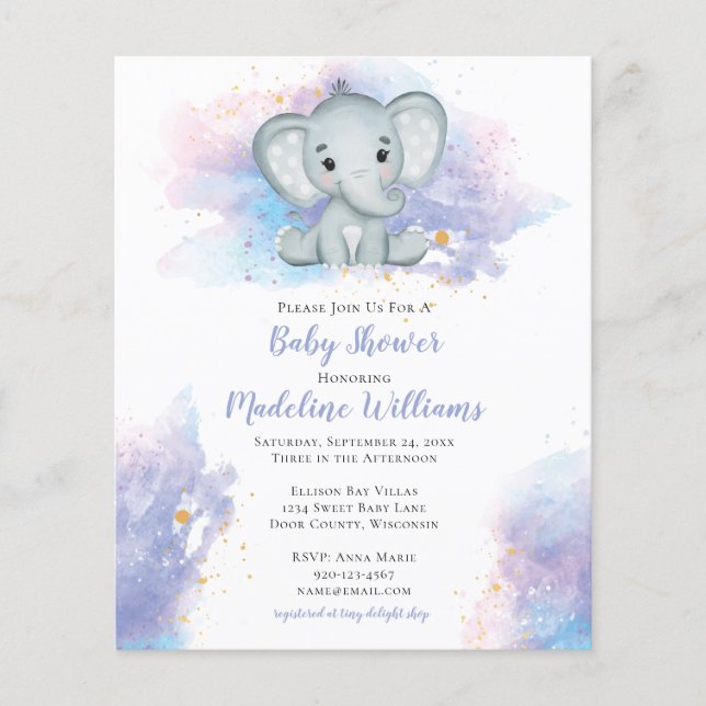 Watercolor Splash Elephant Baby Shower Invitation (Front)
