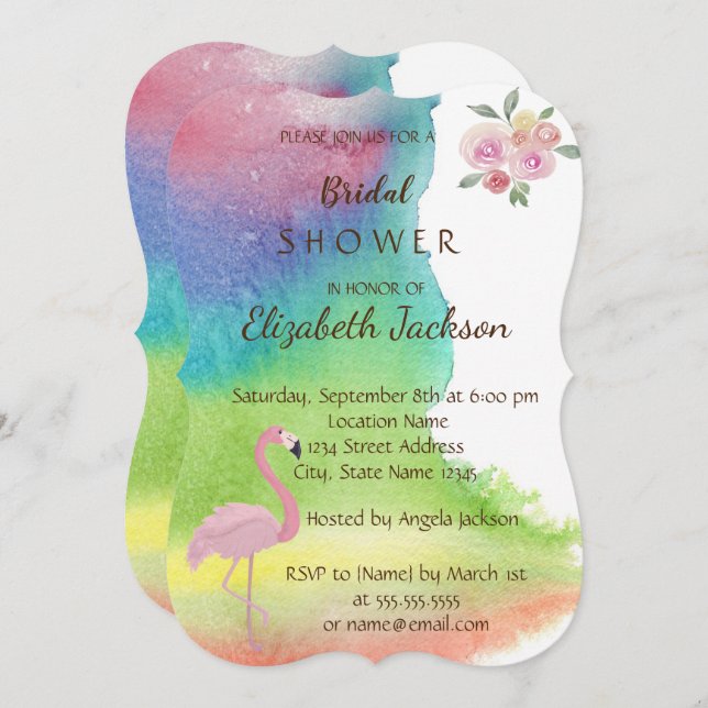Watercolor Splash Flower Flamingo Bridal Shower Invitation (Front/Back)