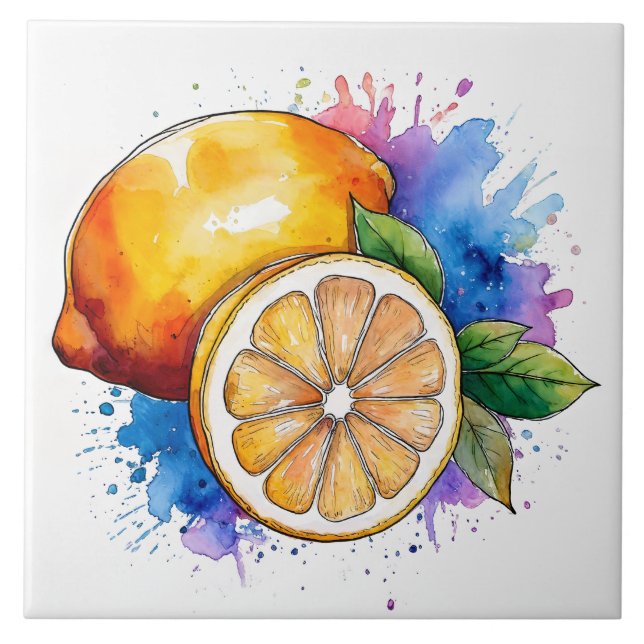 Watercolor Splash Lemons Ceramic Tile (Front)