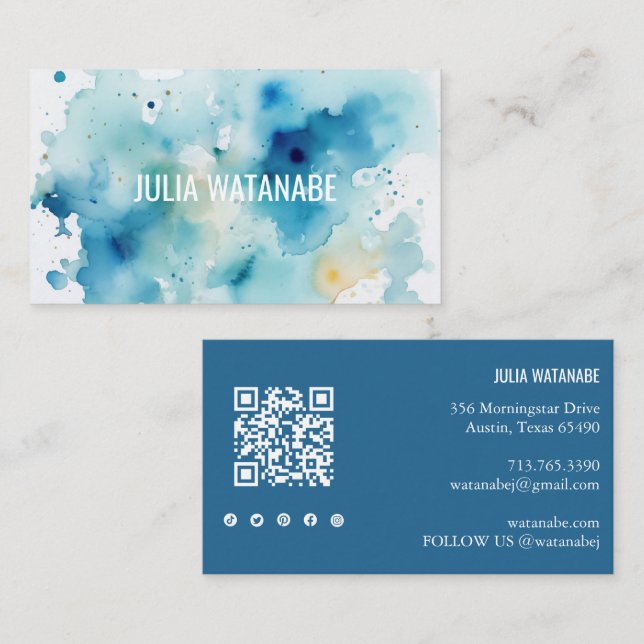 Watercolor Splash QR Code Social Media Modern Business Card (Front/Back)