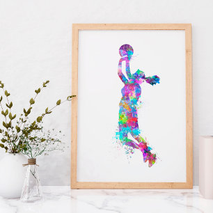 Watercolor splashed basketball player girl texted poster