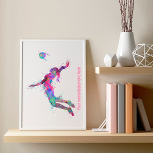 Watercolor splashed volleyball girl player texted poster