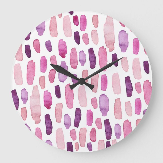 Watercolor Splashes: Pink, Purple Pattern. Large Clock (Front)