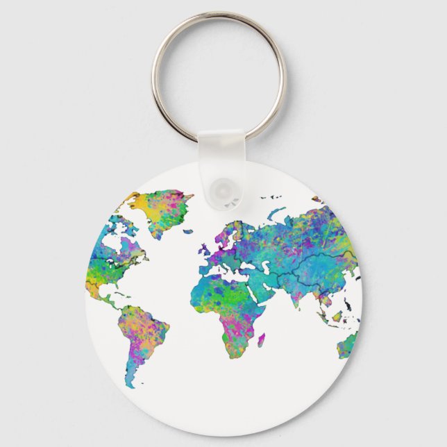 Watercolor Splashes World Map Key Ring (Front)