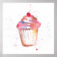 Watercolor, splashy Cupcake rendering cherry on to