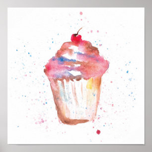 Watercolor, splashy Cupcake rendering cherry on to Poster