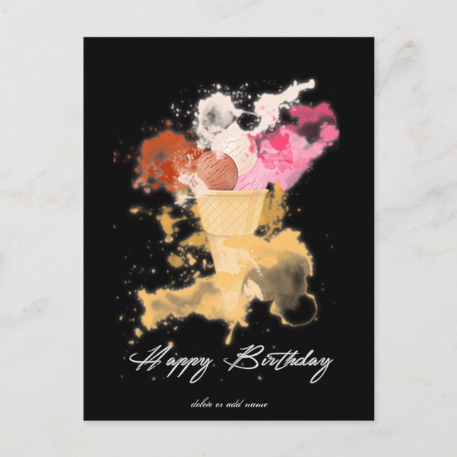 Watercolor Splatter Birthday Ice-cream Postcard (Front)