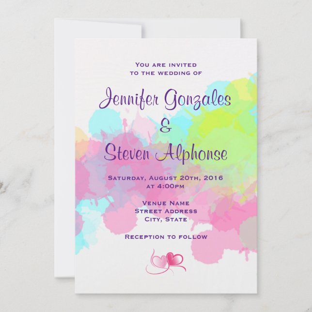 Watercolor Splatter Colourful Abstract Wedding Invitation (Front)