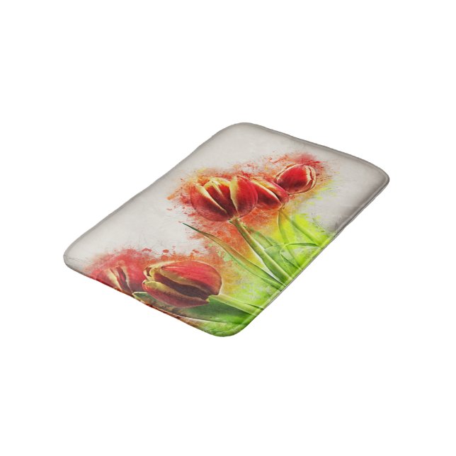 Watercolor Splatter Red Yellow Tulips Floral  Bath Mat (Angled)