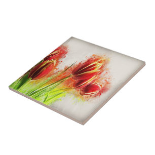 Watercolor Splatter Red Yellow Tulips Floral Ceramic Tile