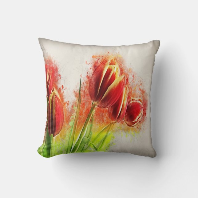 Watercolor Splatter Red Yellow Tulips Floral  Cushion (Front)