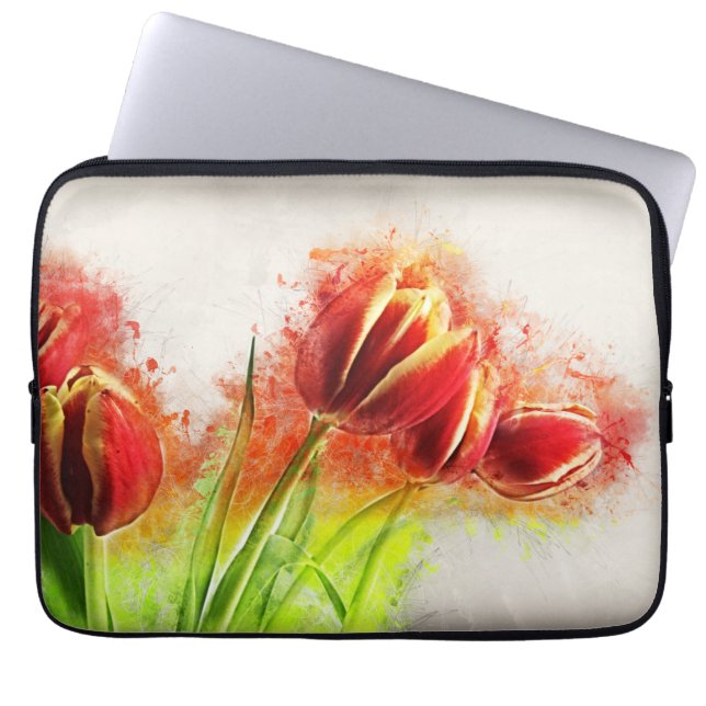 Watercolor Splatter Red Yellow Tulips Floral  Laptop Sleeve (Front)