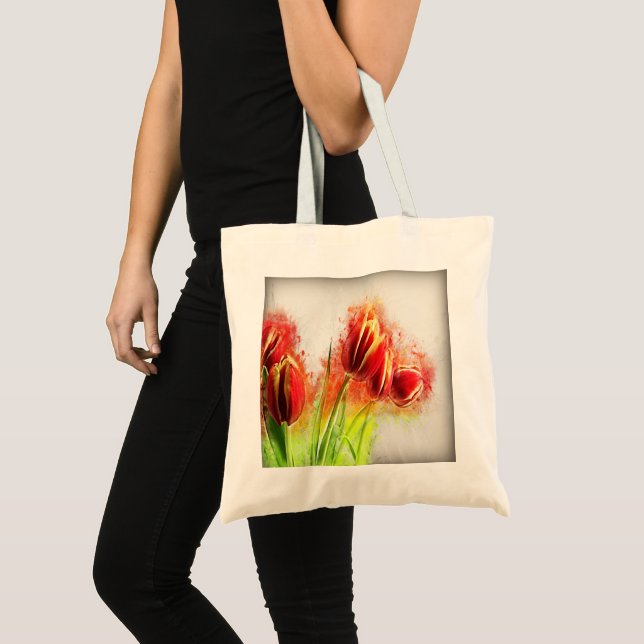 Watercolor Splatter Red Yellow Tulips Floral Tote Bag (Front (Product))