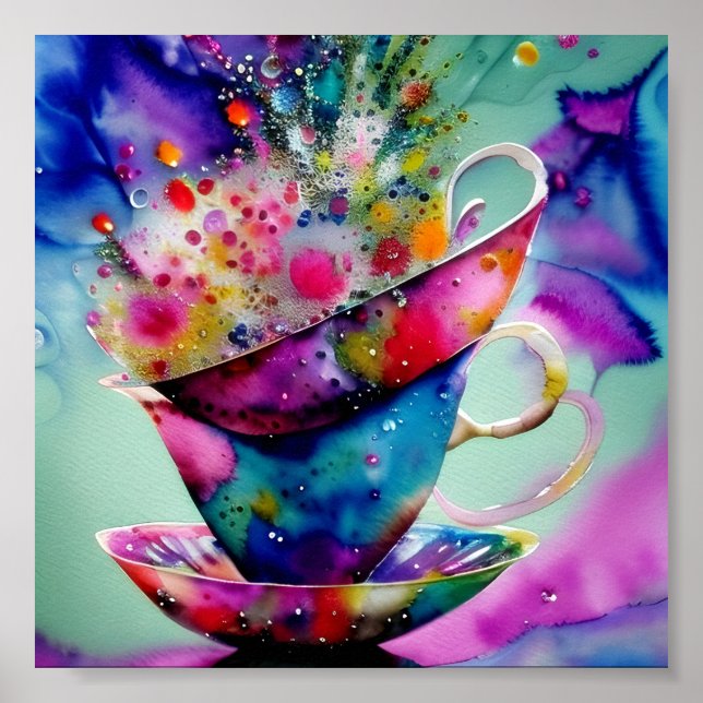 Watercolor splatter teacups poster (Front)