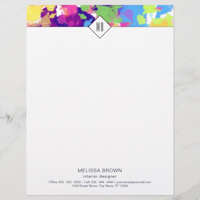 Watercolor Splatters Colourful Abstract Modern Custom Letterhead (Front)