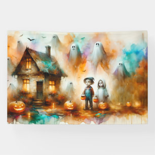 Watercolor Spooky Halloween Scene Banner