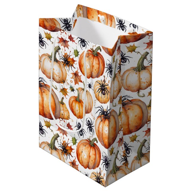 Watercolor Spooky Pumpkin & Spider Pattern Medium Gift Bag (Front Angled)