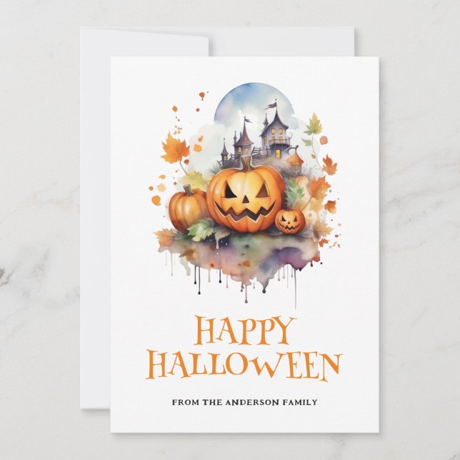 Watercolor Spooky Pumpkins Haunted House Halloween Holiday Card (Front)