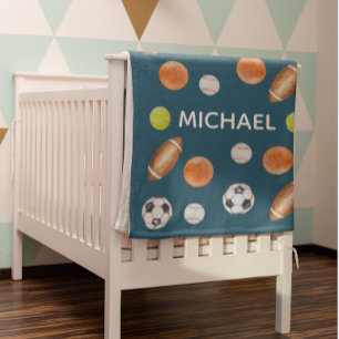 Watercolor Sports Ball Name Monogram All Star Fleece Blanket